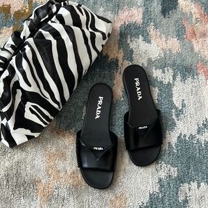 PRADA Calfskin Logo Embellished leather Slide Sandals